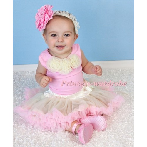 Light Pink Baby Pettitop & Cream White Rosettes with Cream White Light Pink Baby Pettiskirt BG40 